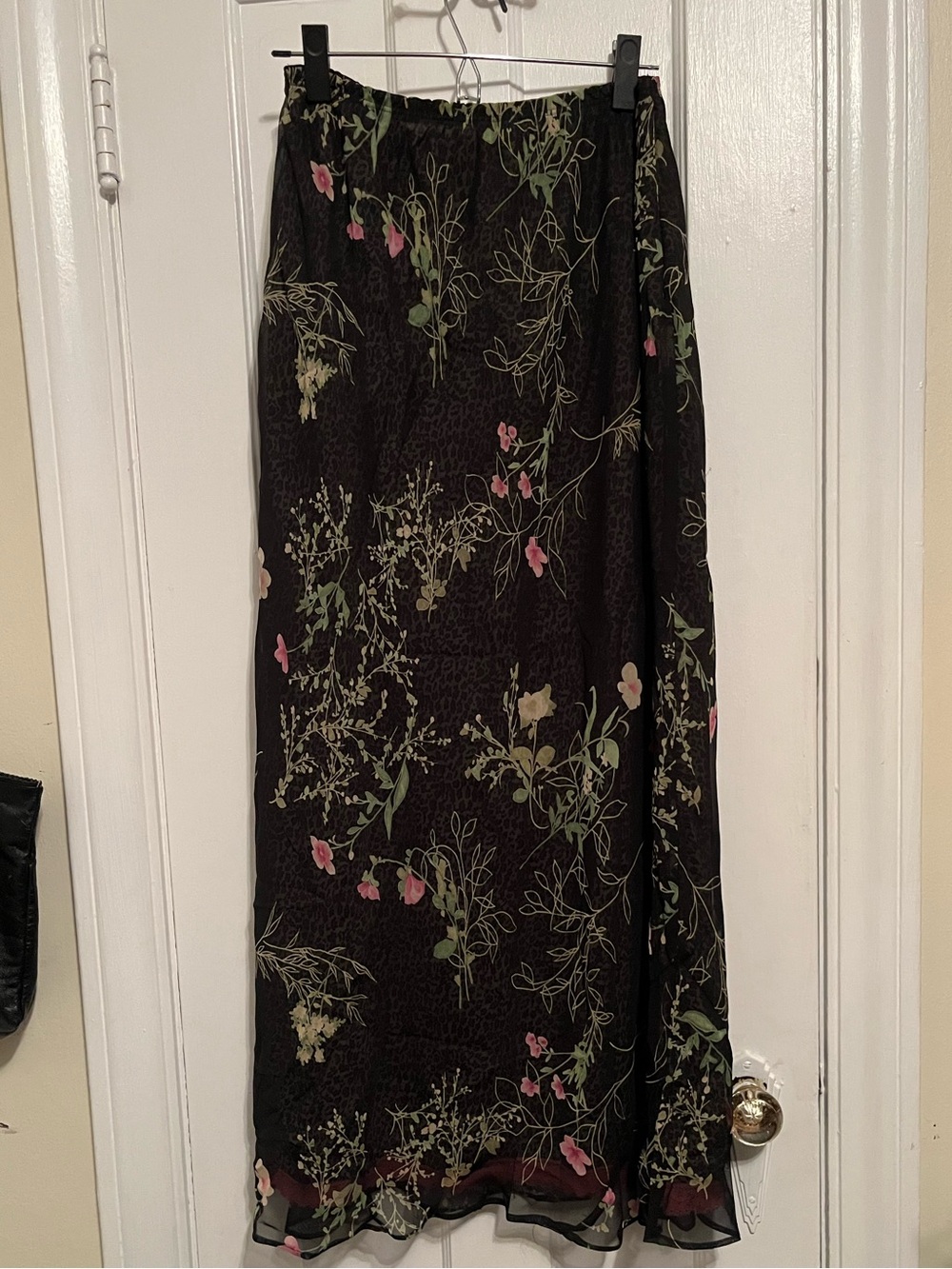 Y2K L/XL (12) Maxi Skirt Black Floral Mesh Overlay Leopard Whimsygoth Fairycore